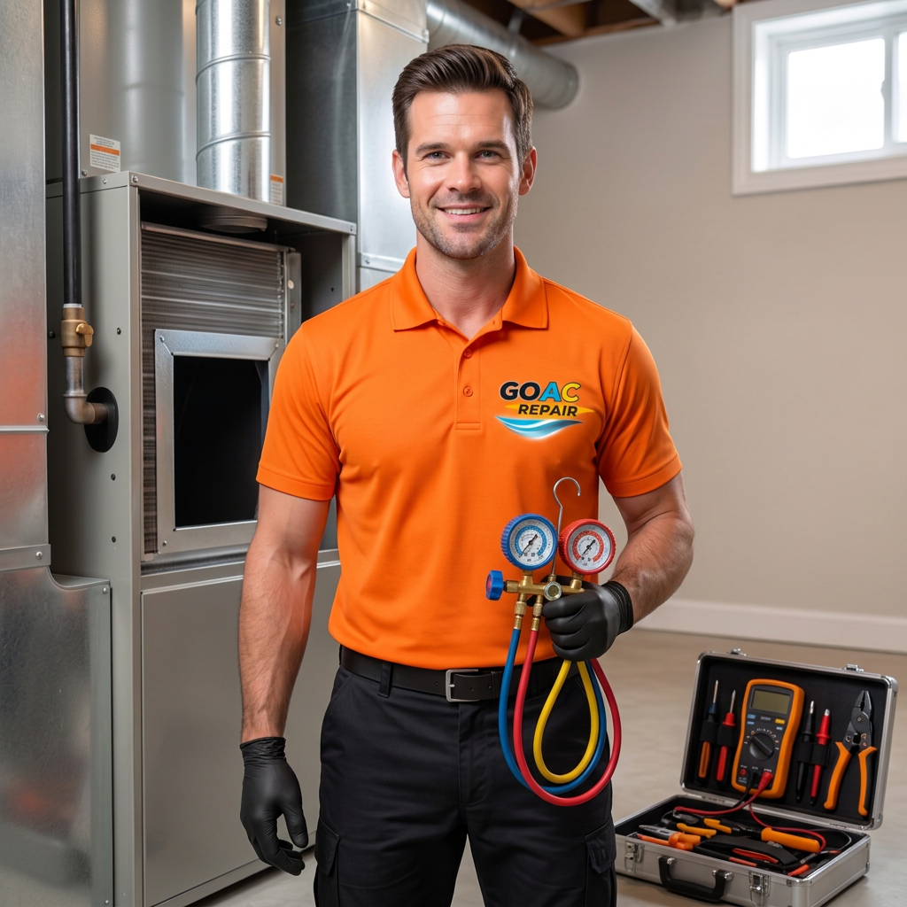 Certified A/C technician smiling while servicing a residential cooling system
